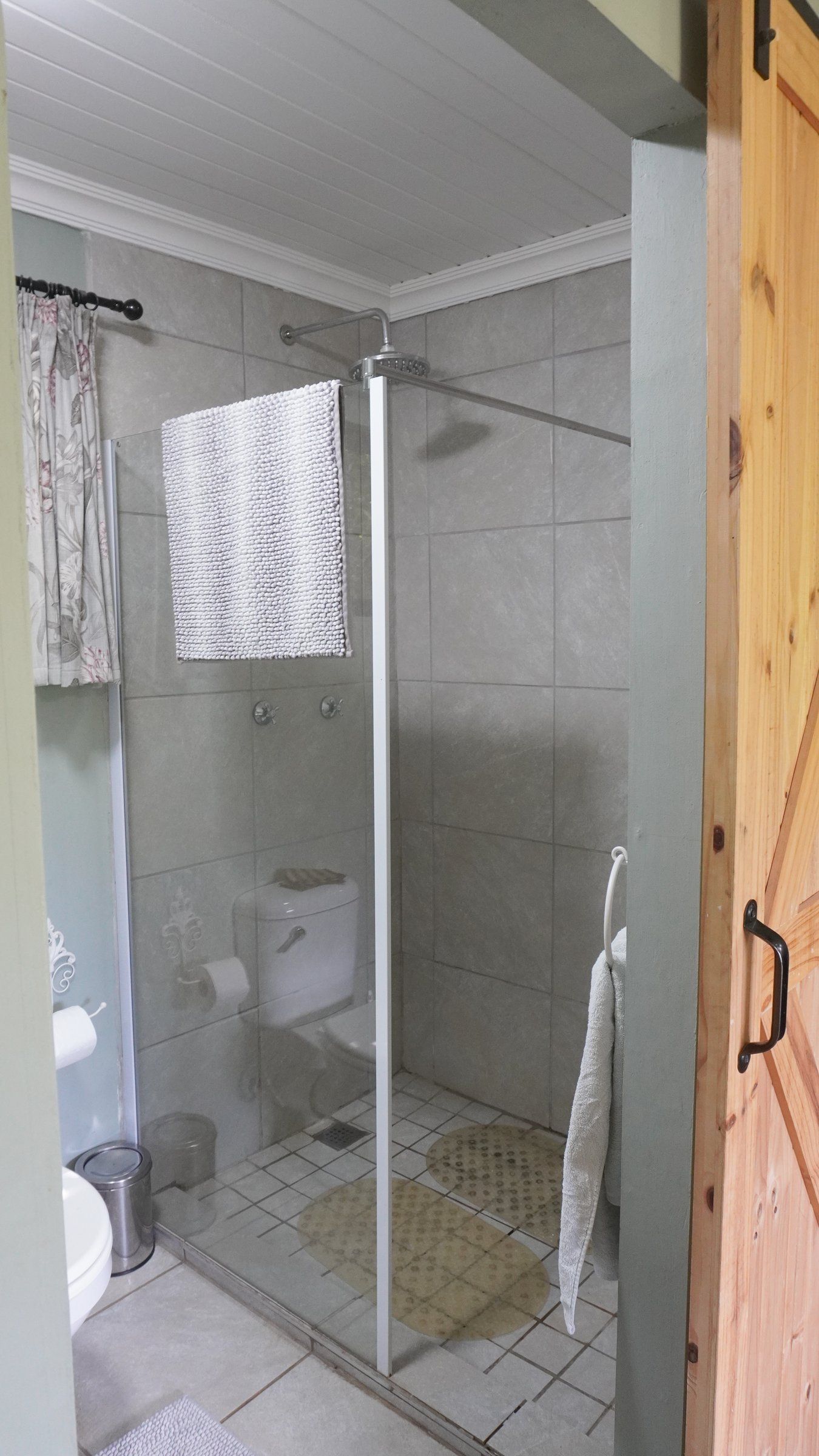 An EverGreen Lodge shower room with a glass shower, toilet and a sliding barn door